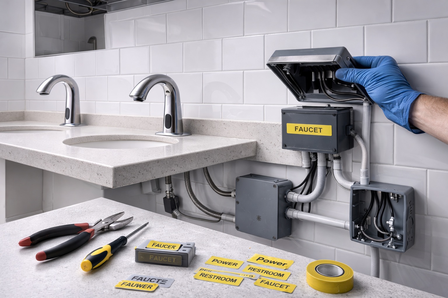 Hardwired touchless faucet power planning and service access concept image